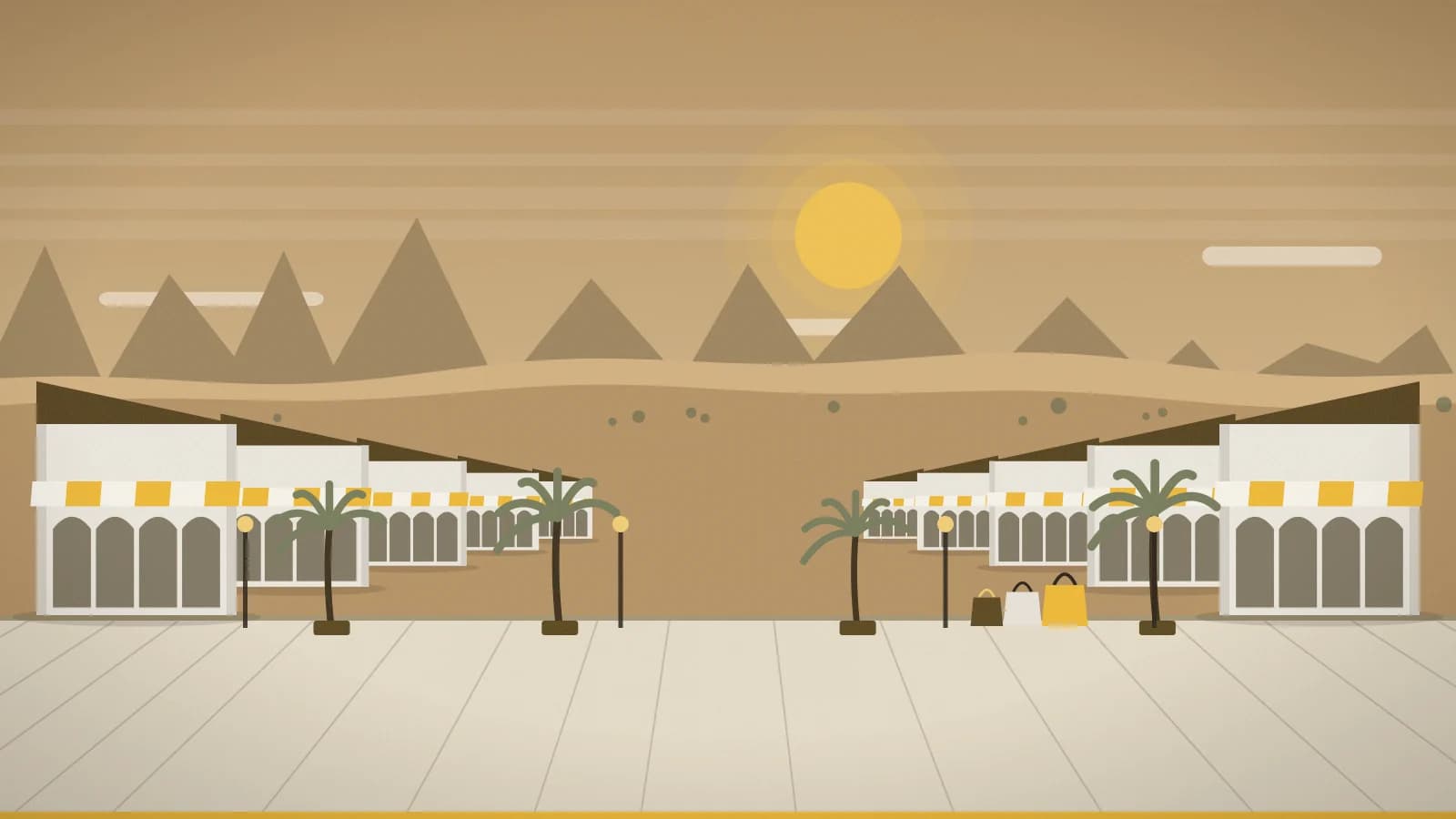 Illustration of an outlet promenade against desert foothills with Mount San Jacinto (San Jacinto Mountains) in the background, Desert Hills Premium Outlets, Cabazon, USA