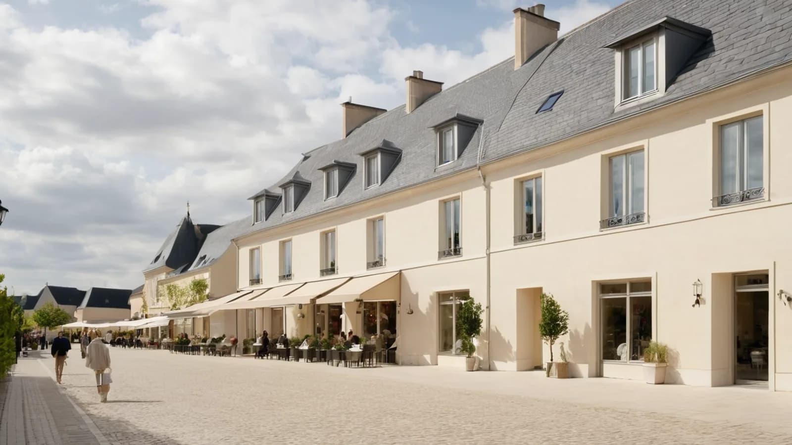 Illustration of an outlet shopping village in the regional style of Serris, France