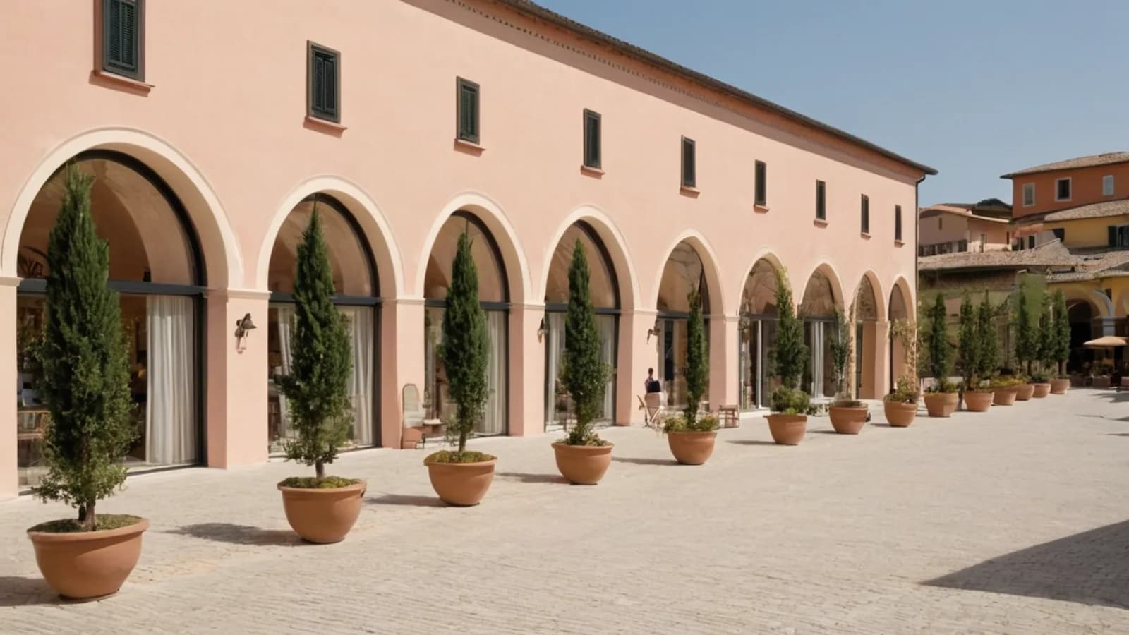 Illustration of a designer outlet centre in the regional style of Serravalle Scrivia, Italy
