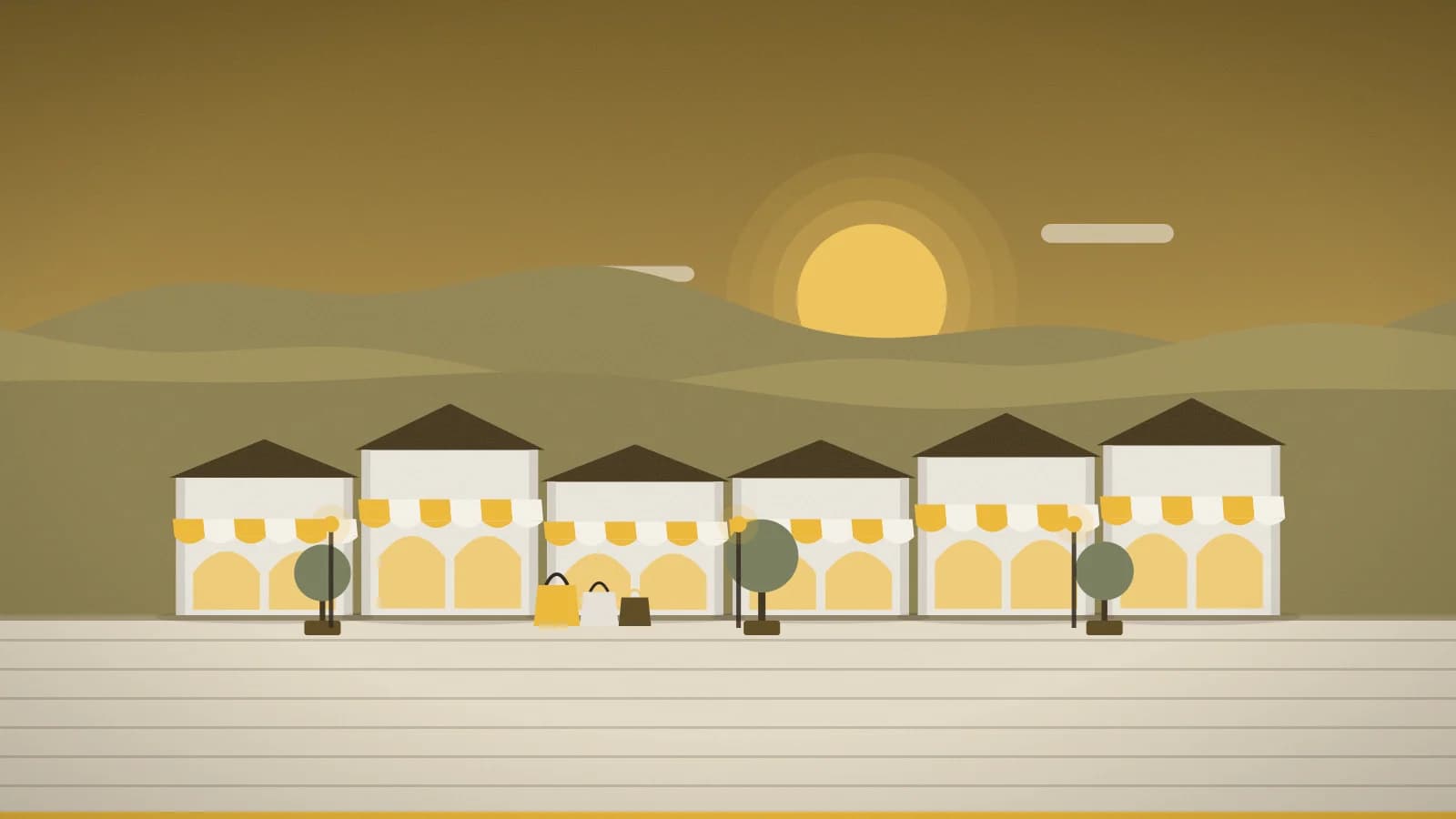 Illustration of an outlet promenade against rolling hills with Schunnemunk Mountain in the background, Woodbury Common Premium Outlets, Central Valley, NY, USA